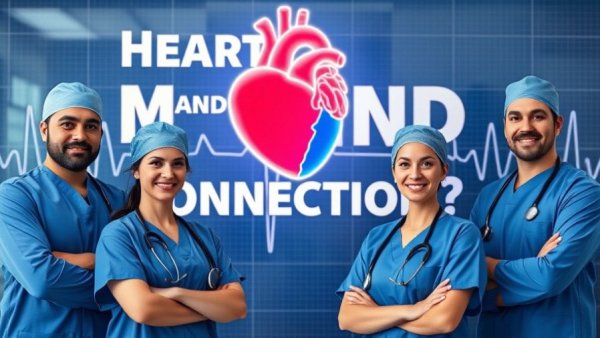 Medical professionals in front of heart-brain illustration, highlighting stress and thoughts impact your health.