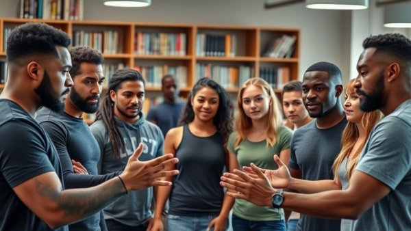 Diverse group demonstrating and discussing resistance training health benefits.