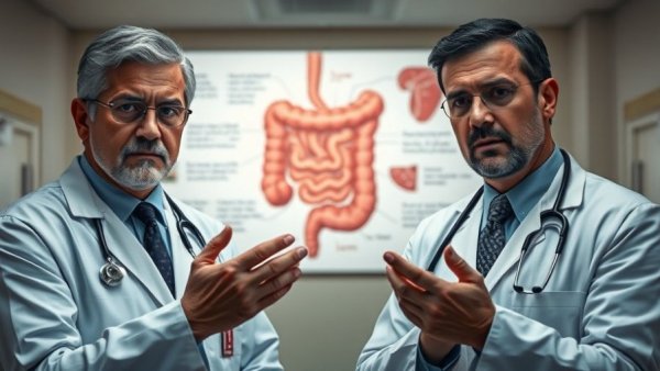 Colonoscopy insights by doctors with medical illustration backdrop.