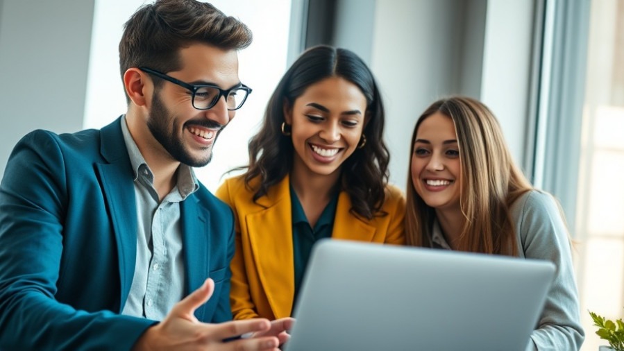 Smiling diverse young professionals collaborating over a laptop in casual business attire.