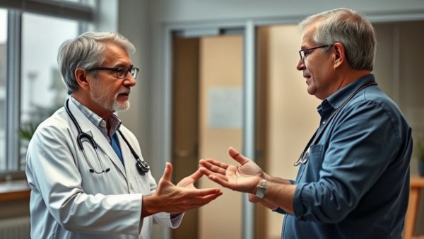 Medical professionals explaining causes of leg pain in office.