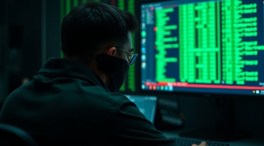 Hacker at computer terminal with green numbers on screen