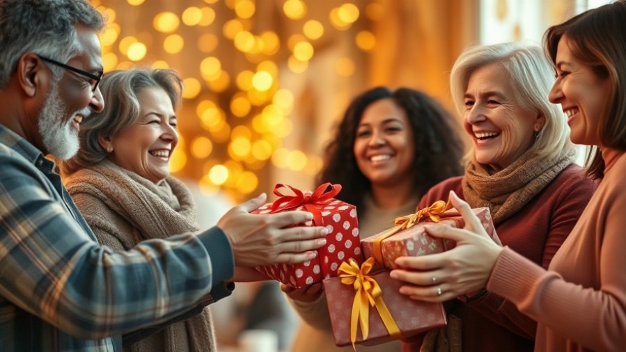 Joyful diverse people exchanging gifts in warm, uplifting golden light.