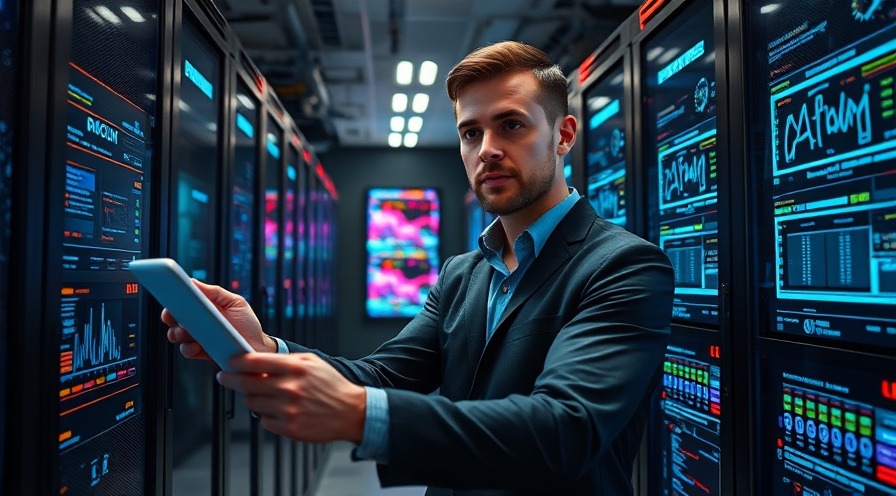 IT manager in server room managing digital interfaces and glowing data screens.