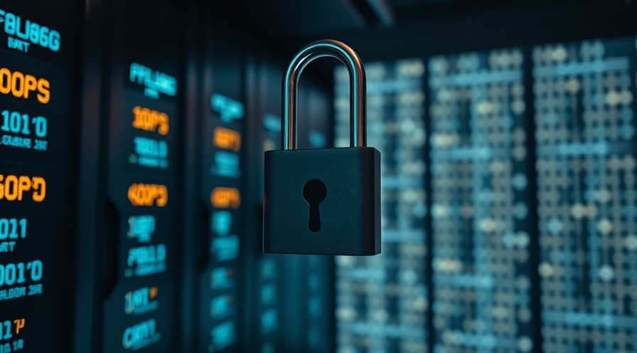 Lock and key over a server room with glowing binary code, tech-themed image.