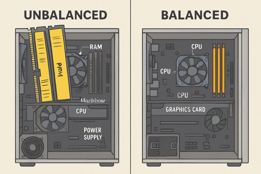 Split-screen infographic of unbalanced PC with oversized RAM vs balanced PC build.