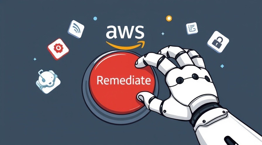 Robot hand pressing a big red button labeled ‘Remediate’, AWS icons floating around, playful comic art