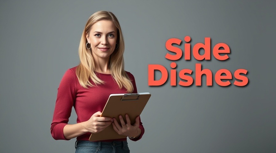 Confident woman with clipboard showcasing vegetable-based sides and roasted vegetables.