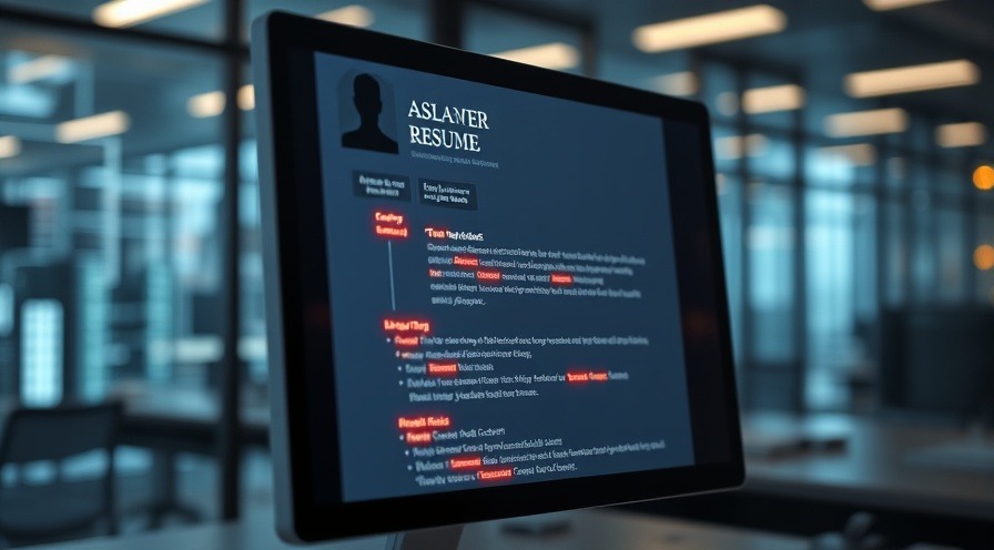Photorealistic resume on a computer screen highlighting keywords, showcasing AI tracking in a corporate setting.