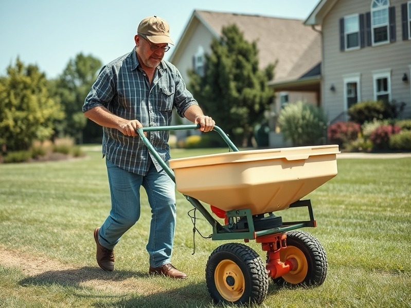 Man pushing a spreader to seed a lush lawn in Raleigh, NC.