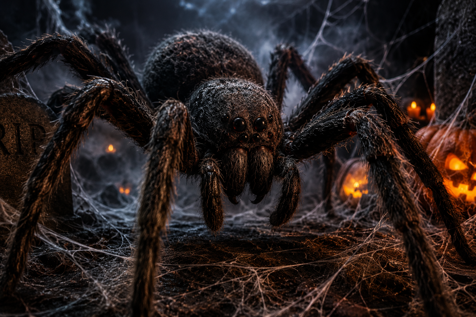 Creepy spider in a haunted backyard