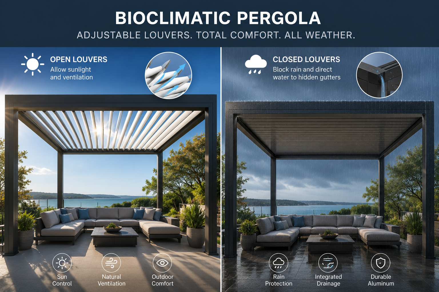 Bioclimatic pergola weather-resistant luxury outdoor comfort