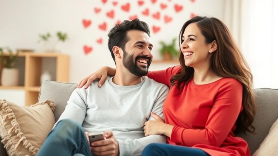 Happy couple laughing on couch with Valentine's Day decor, bright and airy lifestyle shot.