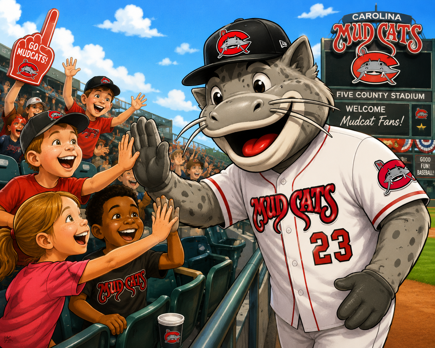 Caricature of Muddy the Mudcat high fiving kids