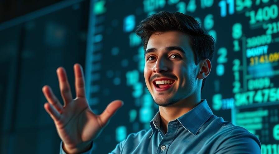 Young IT professional excitedly gesturing with digital symbols in a cool blue-lit room.