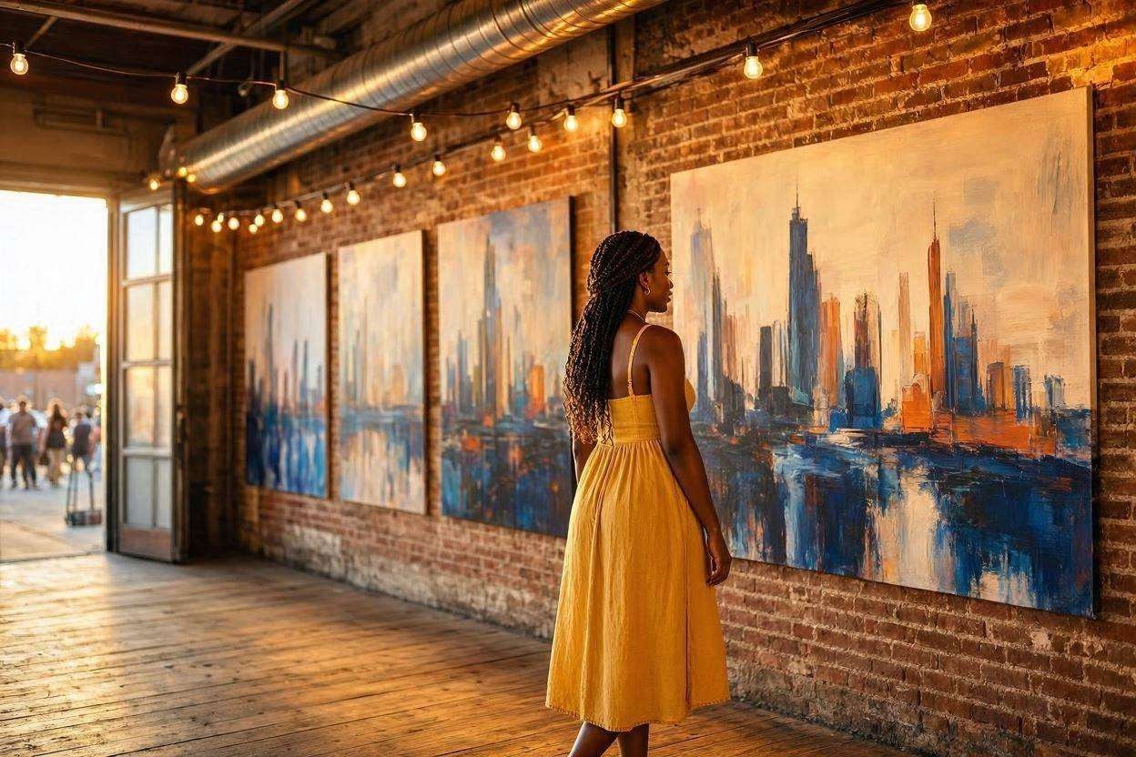 young woman in a yellow dress looks at Raleigh NC artwork