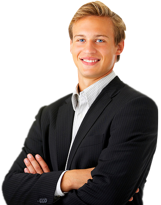 blonde male professional in black suite arms folded