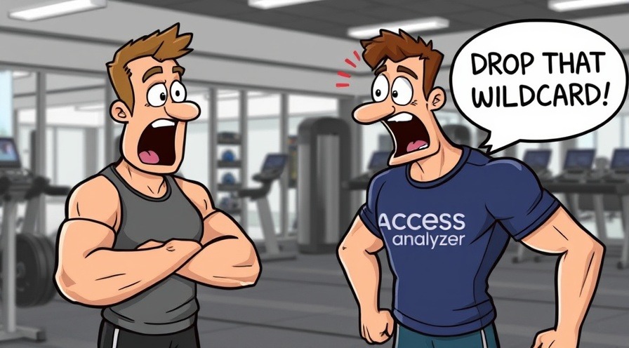 Fitness trainer cartoon yelling 'DROP THAT WILDCARD!' at IAM policy in gym.