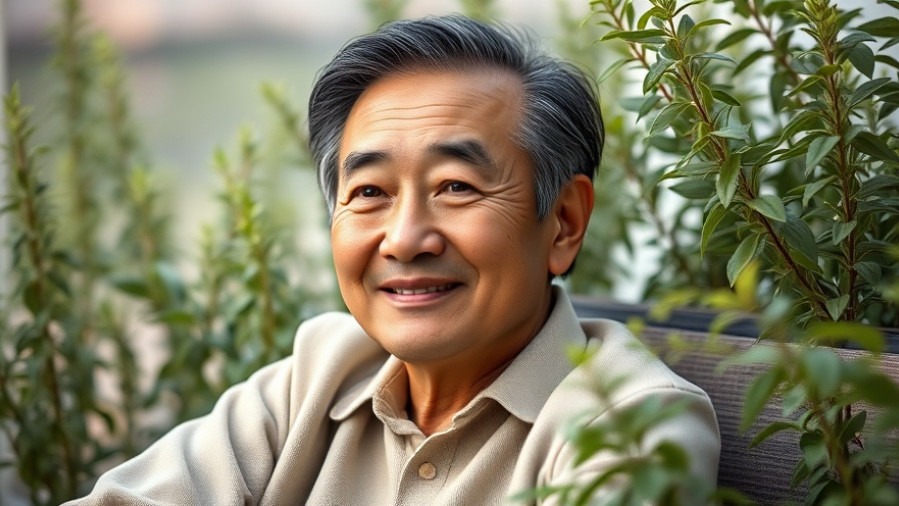 Calm middle-aged man embodies holistic health amidst soft greenery, promoting yoga benefits.