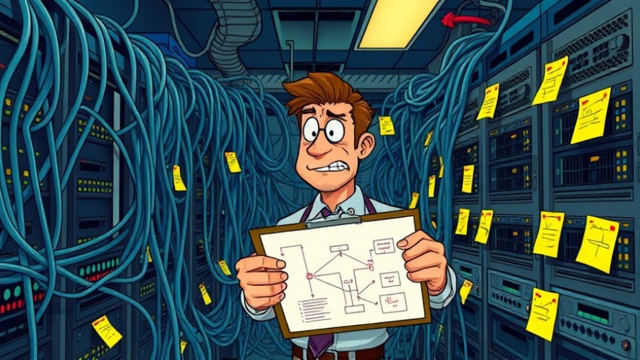 Chaotic server room with tangled cables and stressed IT tech in digital art style