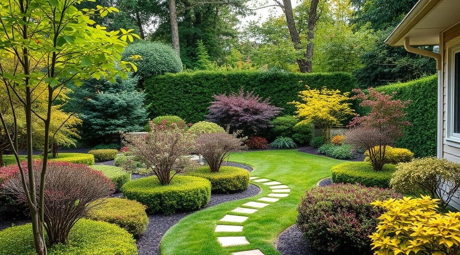 Beautifully manicured backyard ecosystem with lush shrubs and saplings.