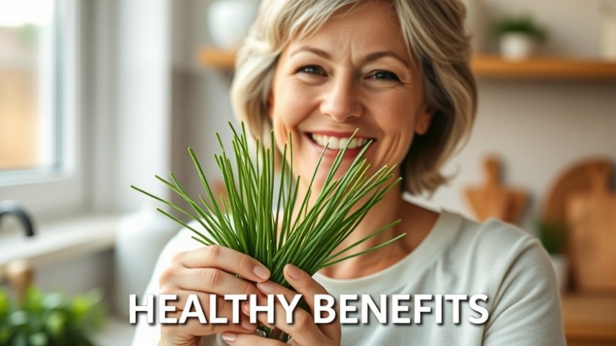 Cheerful woman showcasing fresh chives, highlighting their health benefits and Vitamin value.