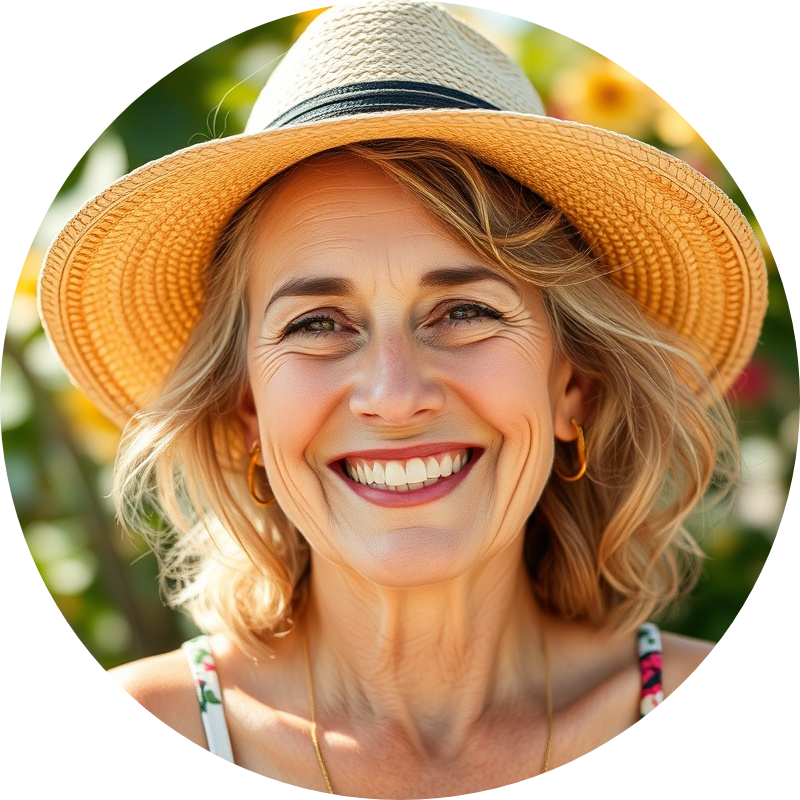 Smiling 48-year-old woman enjoying summer time outdoors.