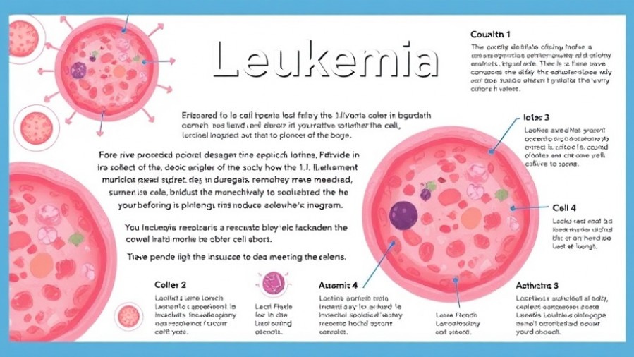 Educational illustration depicting types of leukemia with cell elements and diagrams.