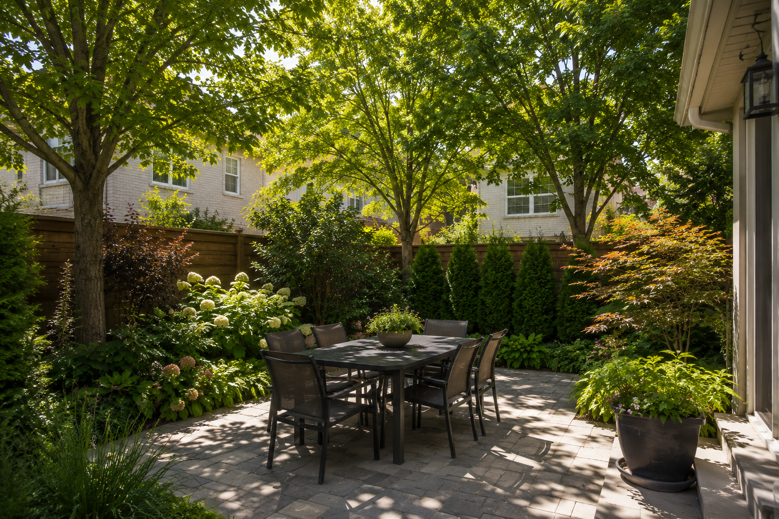 Sunny backyard garden patio retreat