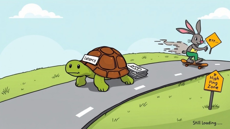 Cute turtle with 'Latency' name tag carries a packet on a winding path, funny road signs.