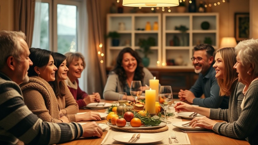 family celebrating a mindful holiday dinner, warm ambiance and connection.