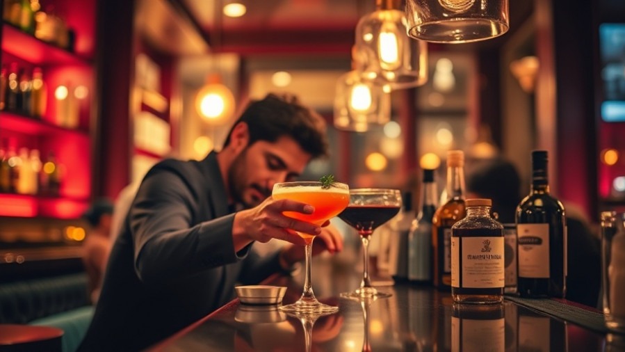 Cozy upscale cocktail bar in Raleigh NC with bartender crafting a drink.