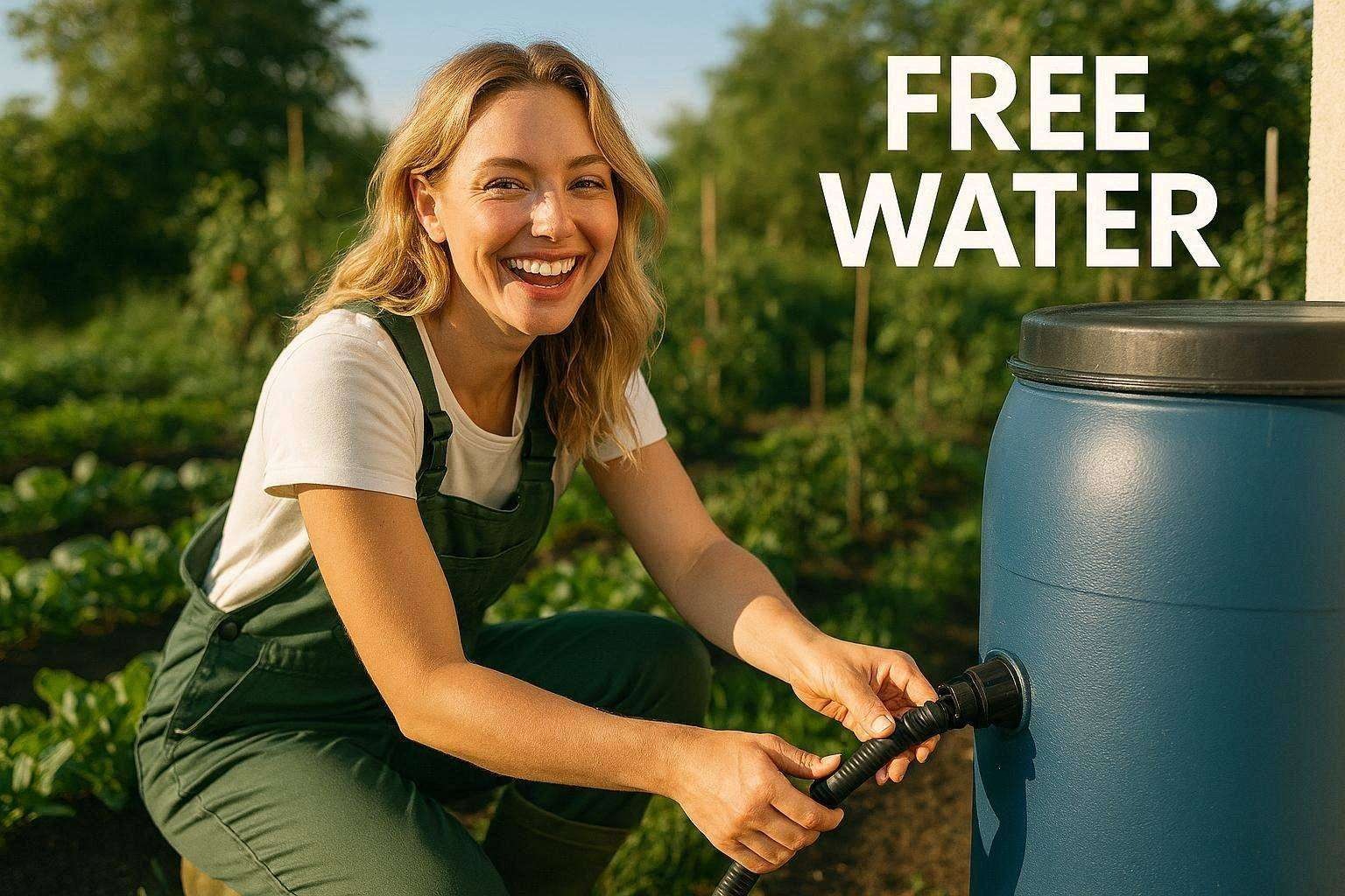 Joyful gardener with rain barrel in sunlight promoting free water benefits.