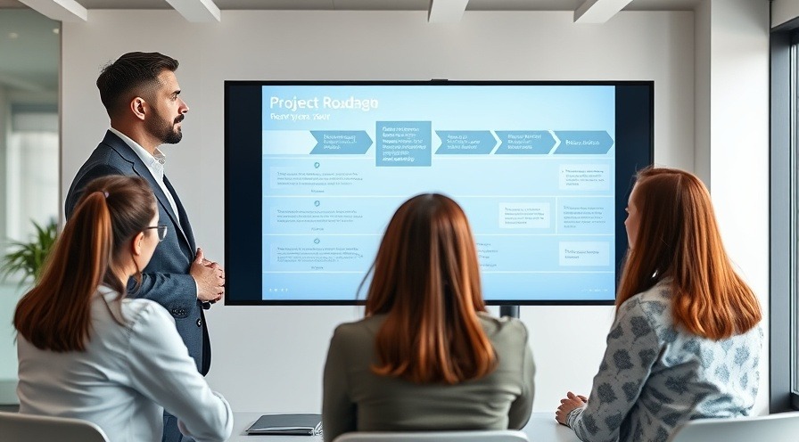 Photorealistic business manager presenting project roadmap to engaged team in modern office.