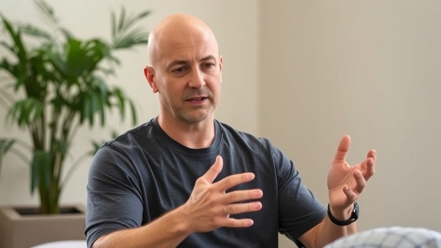 Bald man demonstrating fluid drainage technique for lymphatic health in a relaxed indoor setting.