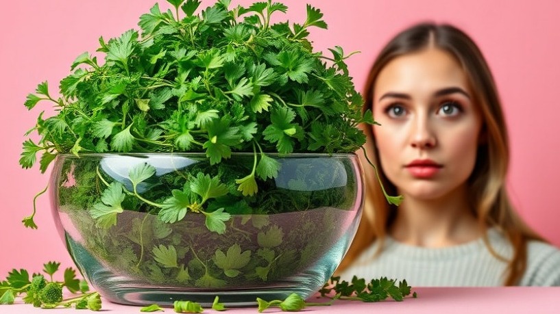 Curious woman beside vibrant green herbs promoting a healthy diet for cancer risk and immune system support.