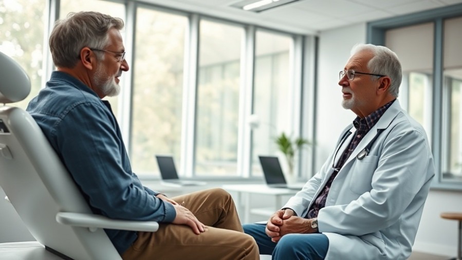 Mature doctor discussing prostate health screenings in modern medical office.