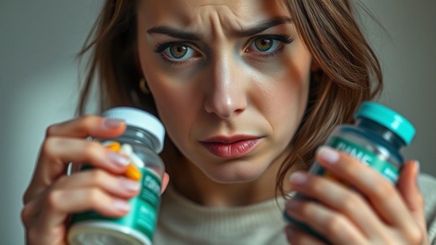 Worried adult female inspecting supplement bottle for health risks and ingredient awareness.