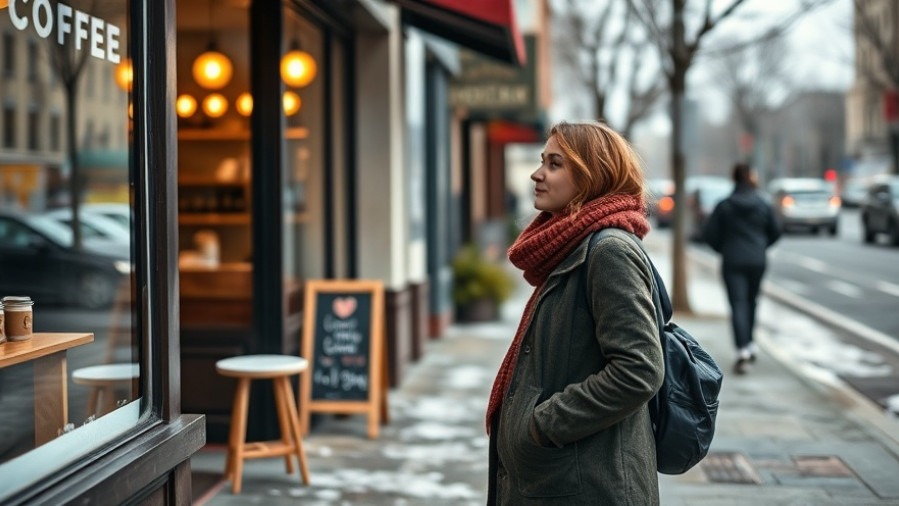 Expectant mother on city sidewalk, pondering coffee and pregnancy this winter.
