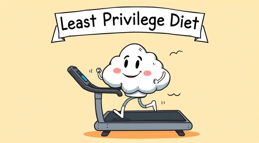 Cartoon AWS cloud mascot on treadmill sweating IAM policies, banner reads 'Least Privilege Diet'.