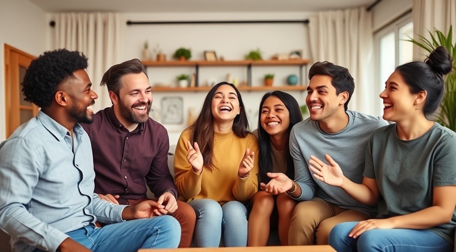 Diverse friends laughing together in a living room, enjoying fun moments.