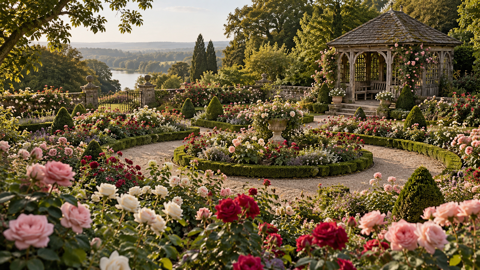 Oval rose garden beside weathered pavilion