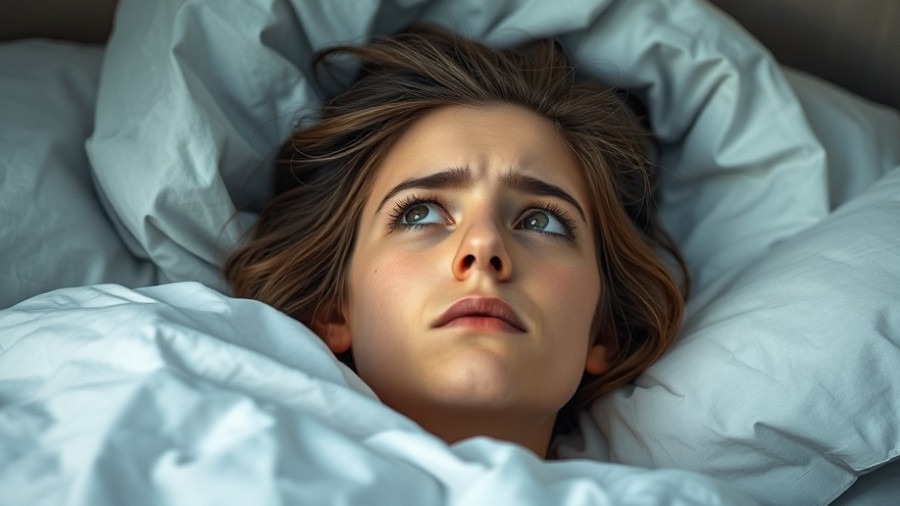 Close-up of an exhausted young woman in bed, frustrated, with dark circles.