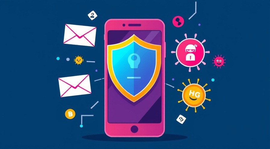 Smartphone screen with shield deflecting phishing emails and digital threats.