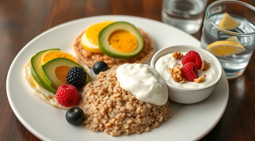 Healthy breakfast spread with eggs, avocado, oatmeal, and Greek yogurt.