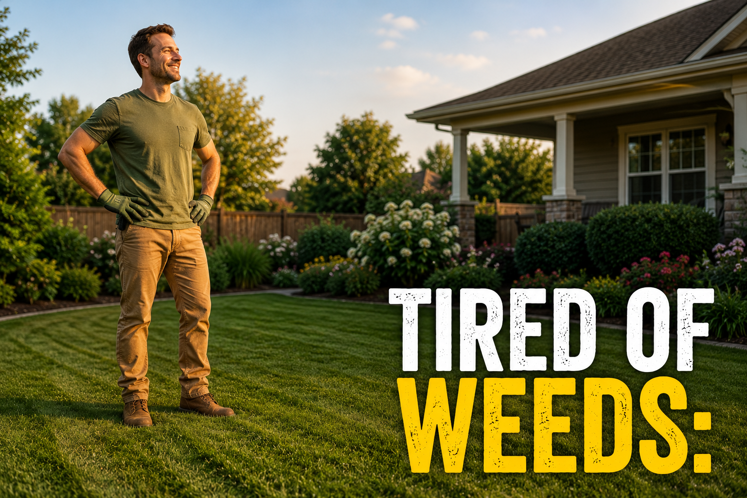 Homeowner proud of backyard at golden hour