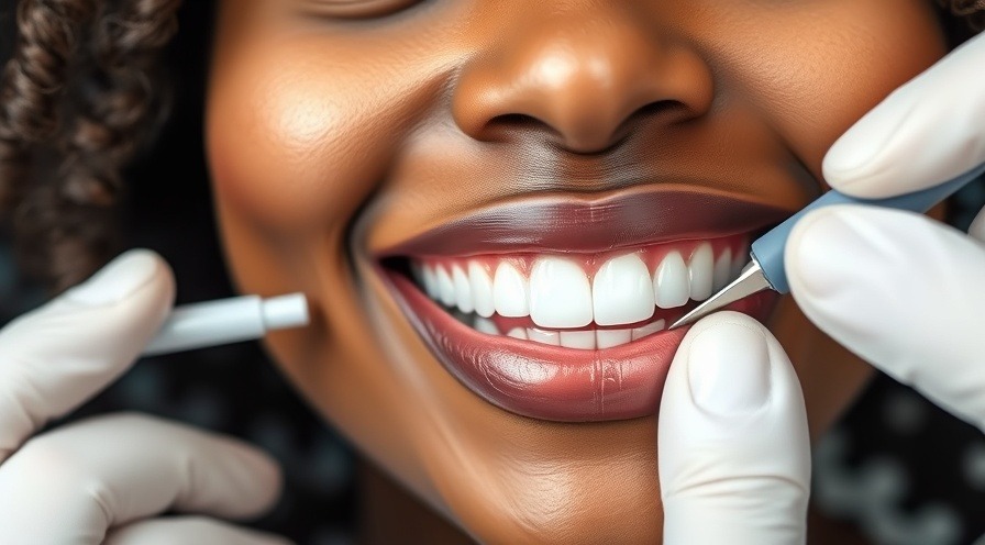 Close-up of a smiling woman exploring dental veneers benefits with a shade guide.