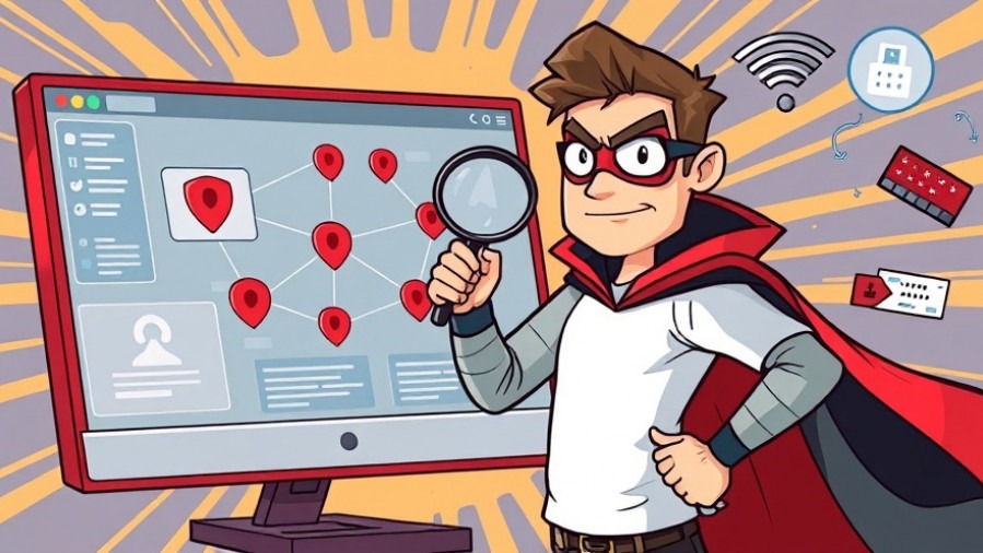 Cartoon ethical hacker in superhero cape, pointing at network diagram with vulnerabilities.