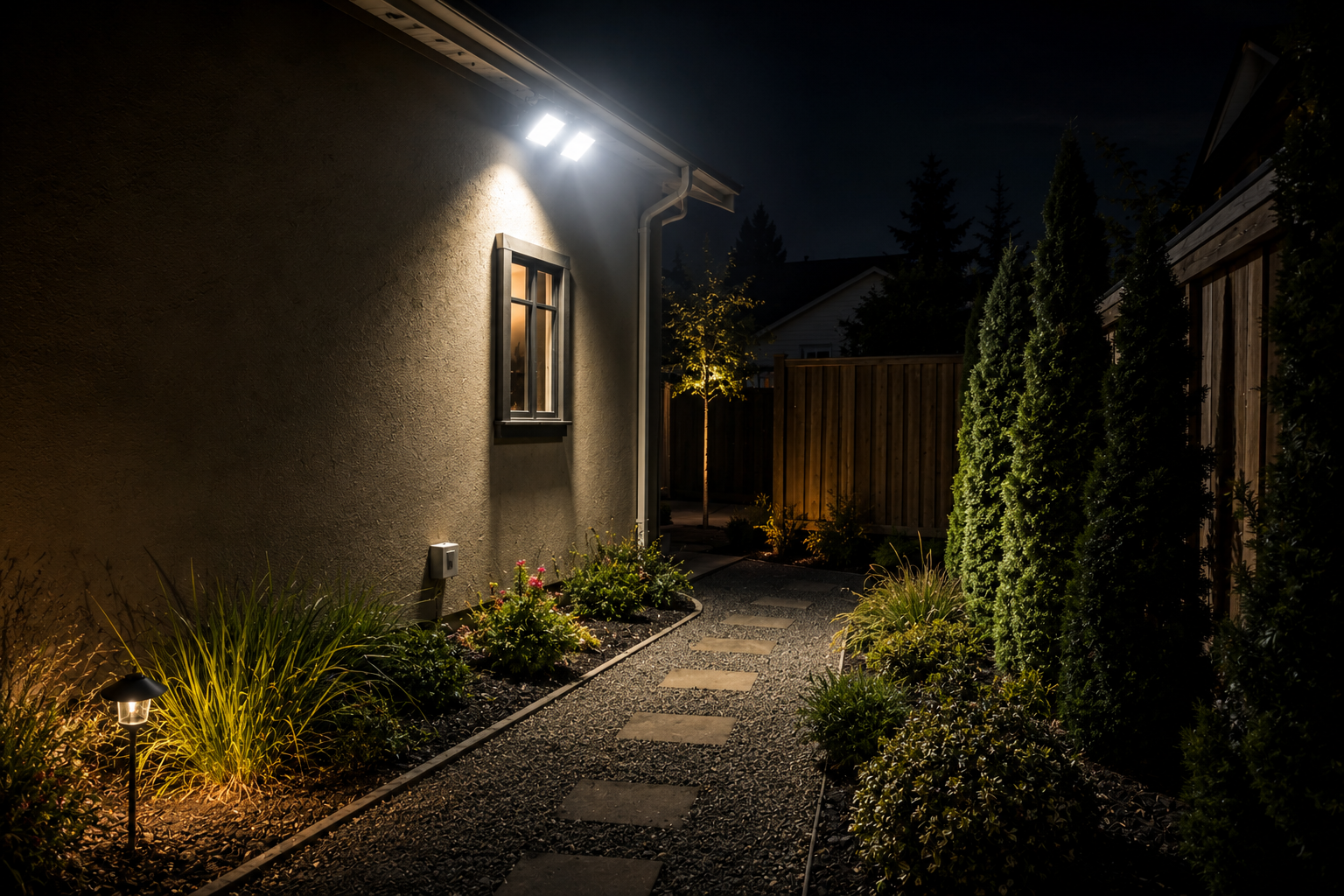 Nighttime garden path with lighting