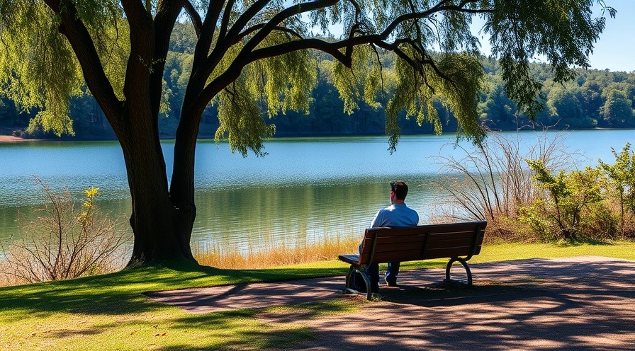A person on a park bench in the shade by a serene lake surrounded by trees.